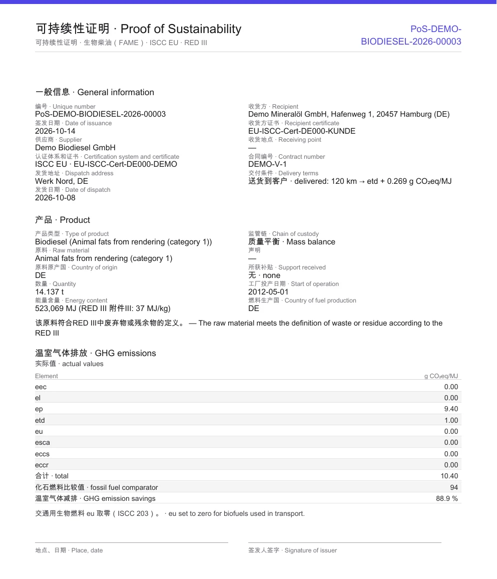 可持续性证明——生物柴油（FAME）
