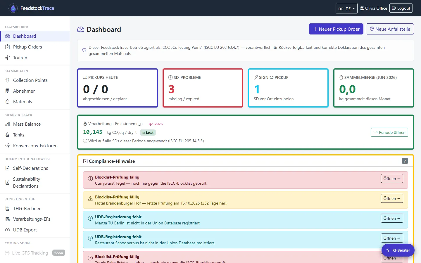 FeedstockTrace Betriebs-Dashboard